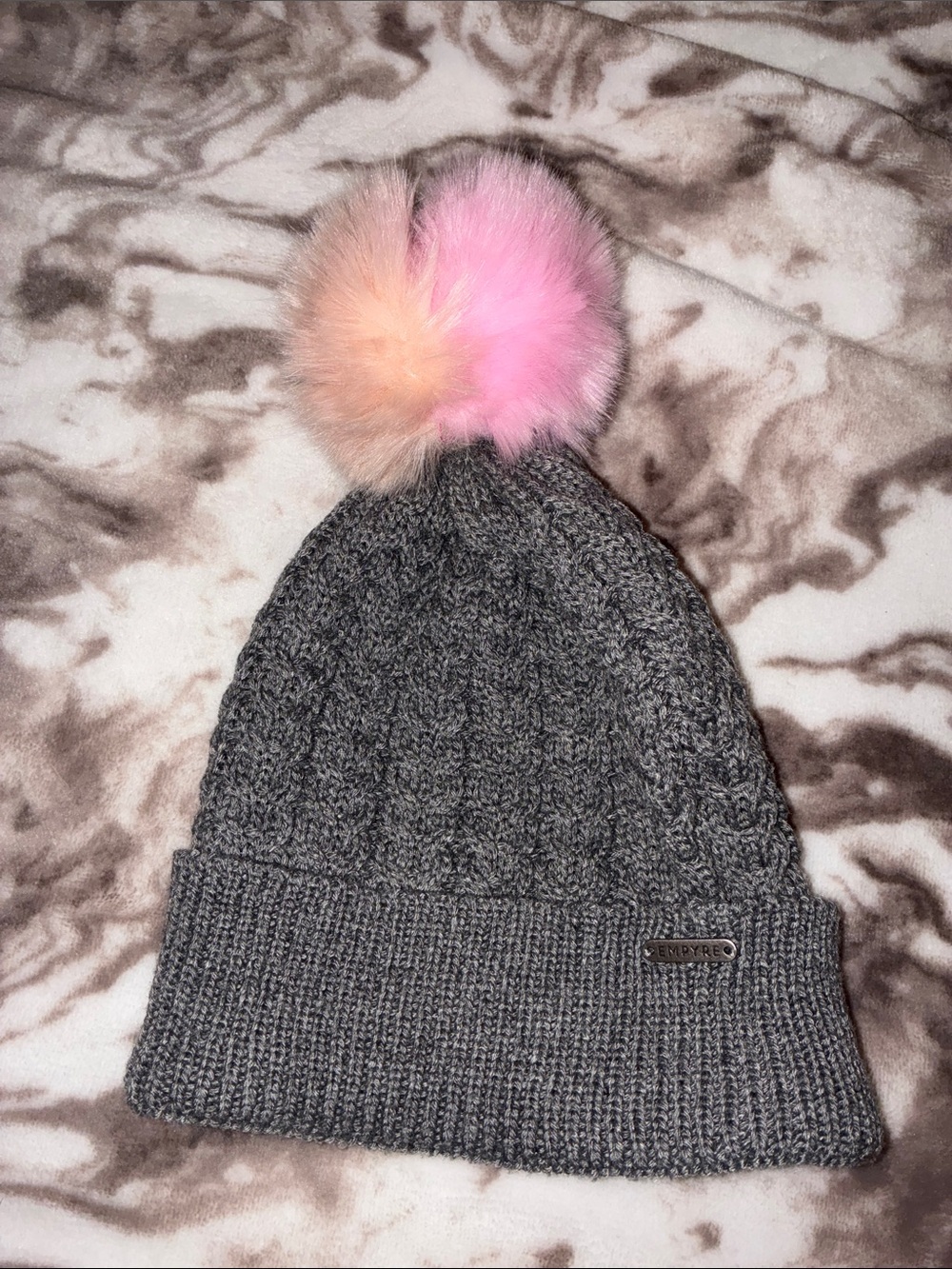 Empyre Gray Cable Knit Beanie with Pink & Peach Faux Fur Pom
